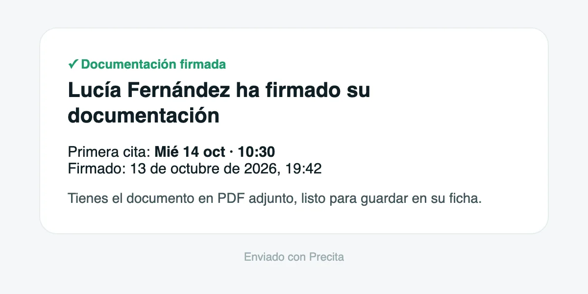 Correo que recibe la clínica: el paciente ha firmado su documentación, con el PDF adjunto