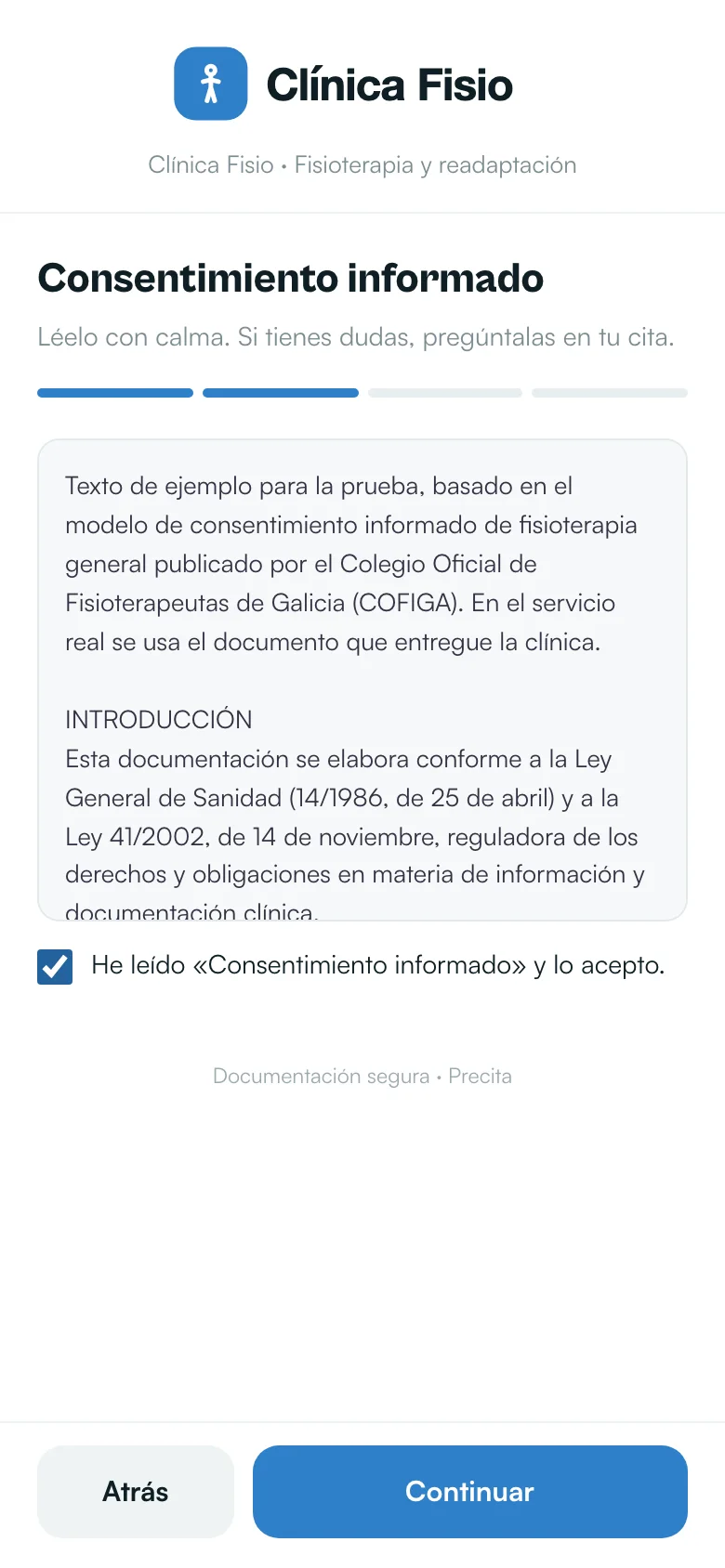 Paso 2: el texto del consentimiento informado con su casilla de aceptación